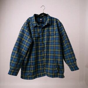 Lands End Sherpa Lined‎ Flannel Shirt Jacket Blue Plaid XXL Traditional Fit Mens